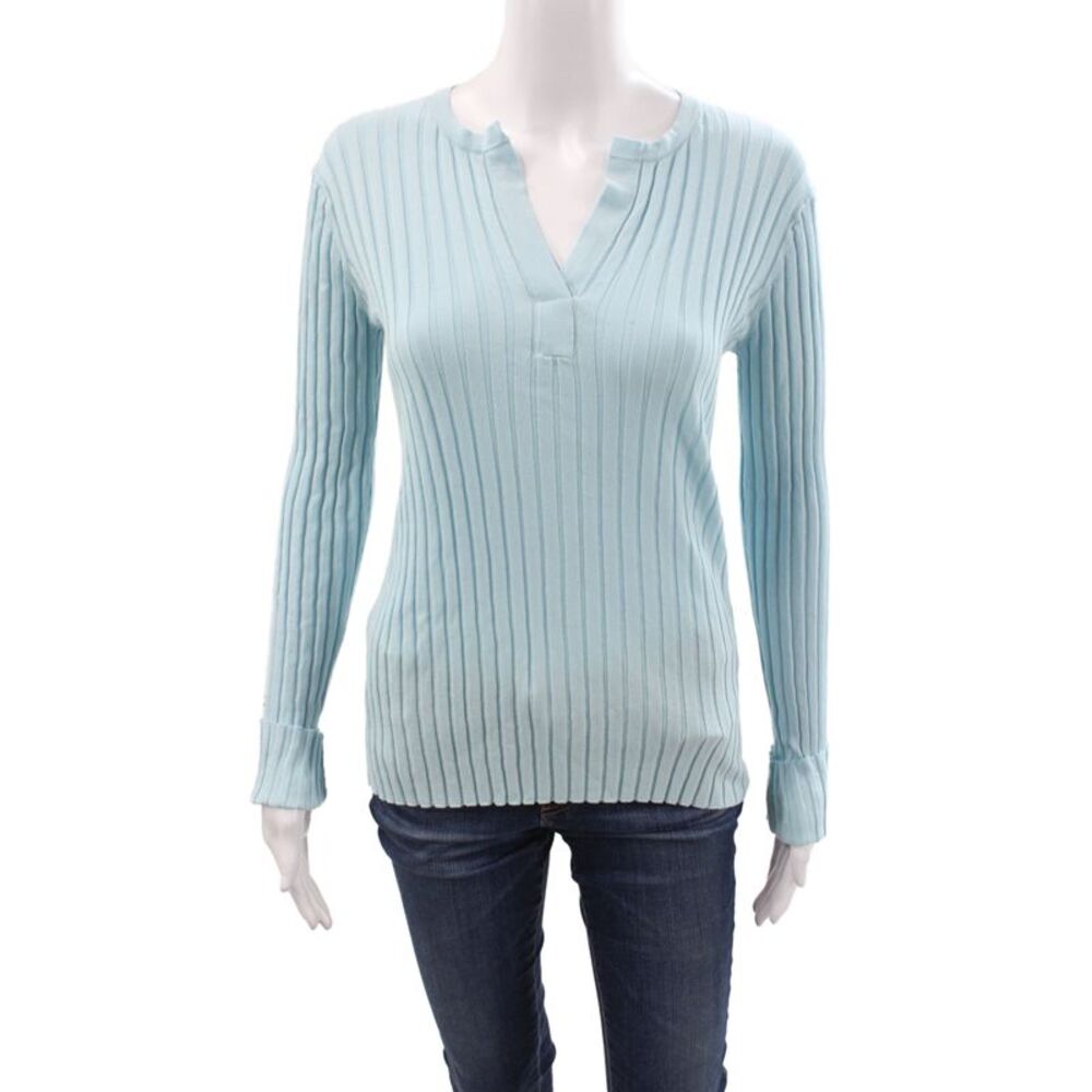 Allude Women V-Neck Striped Pullover Sweater Blue Long Sleeve Size XS